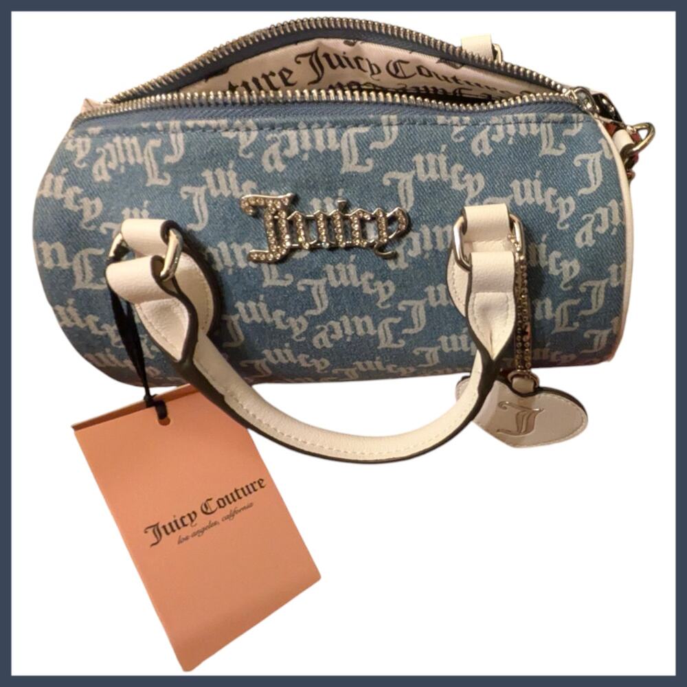 NWT JUICY COUTURE Pep in Her Step Blue Denim Mini Barrel Purse Rhinestones Y2K